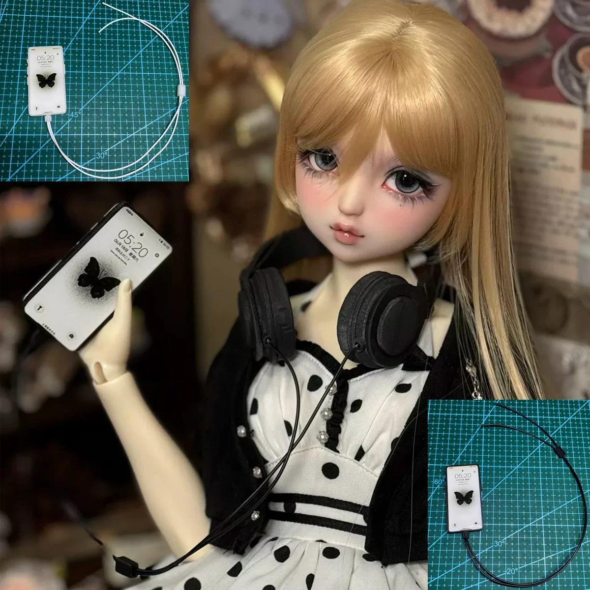 （Customize 30 Days） 1/6 1/4 1/3 bjd Doll Accessories photo props white black phone and line set