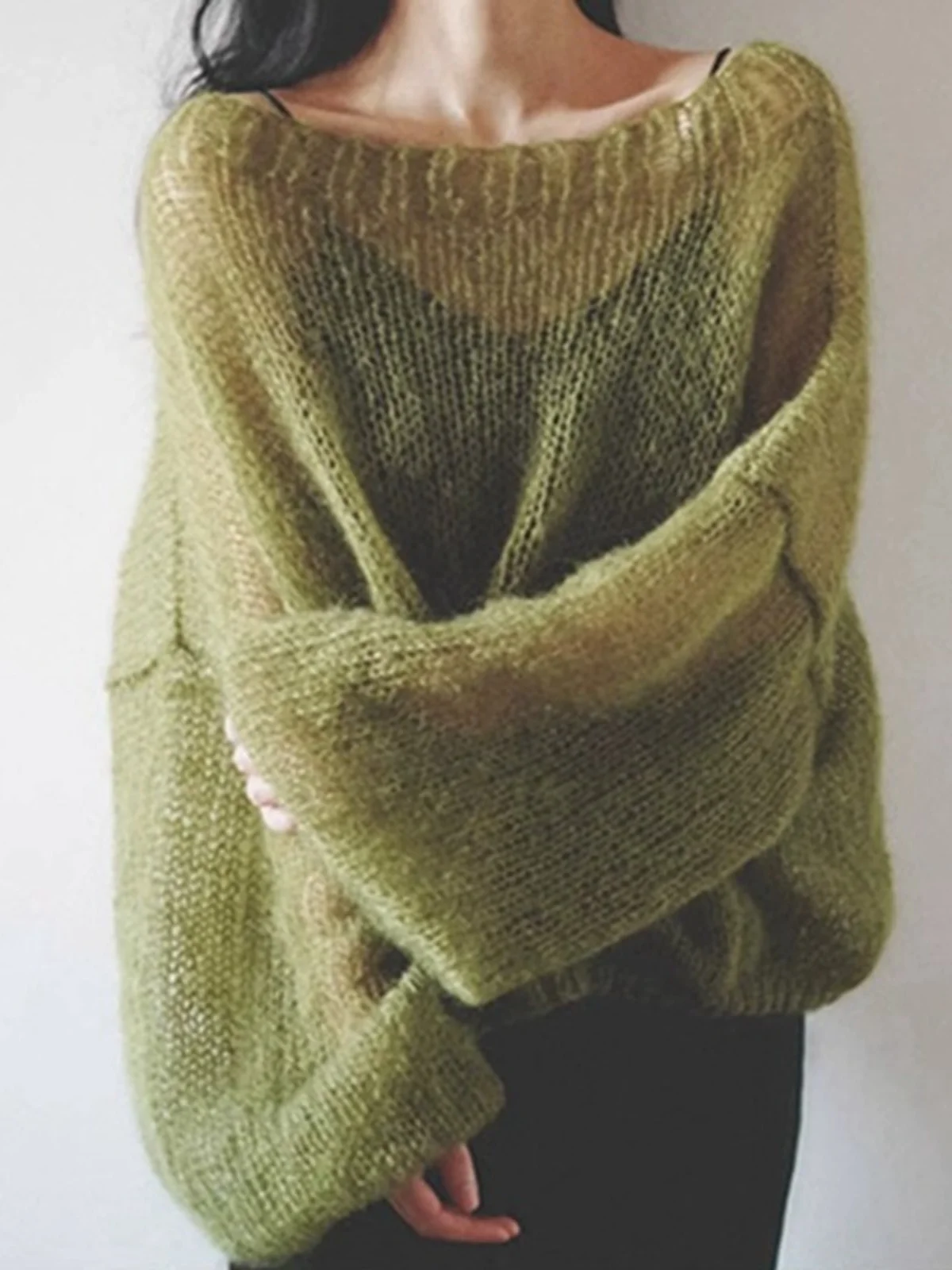 

Ladies' Soft Mouton Hollow Knitted Sweater Loose Sle Avocado een Casual Sweater Korean Sle round Ne Long Sve