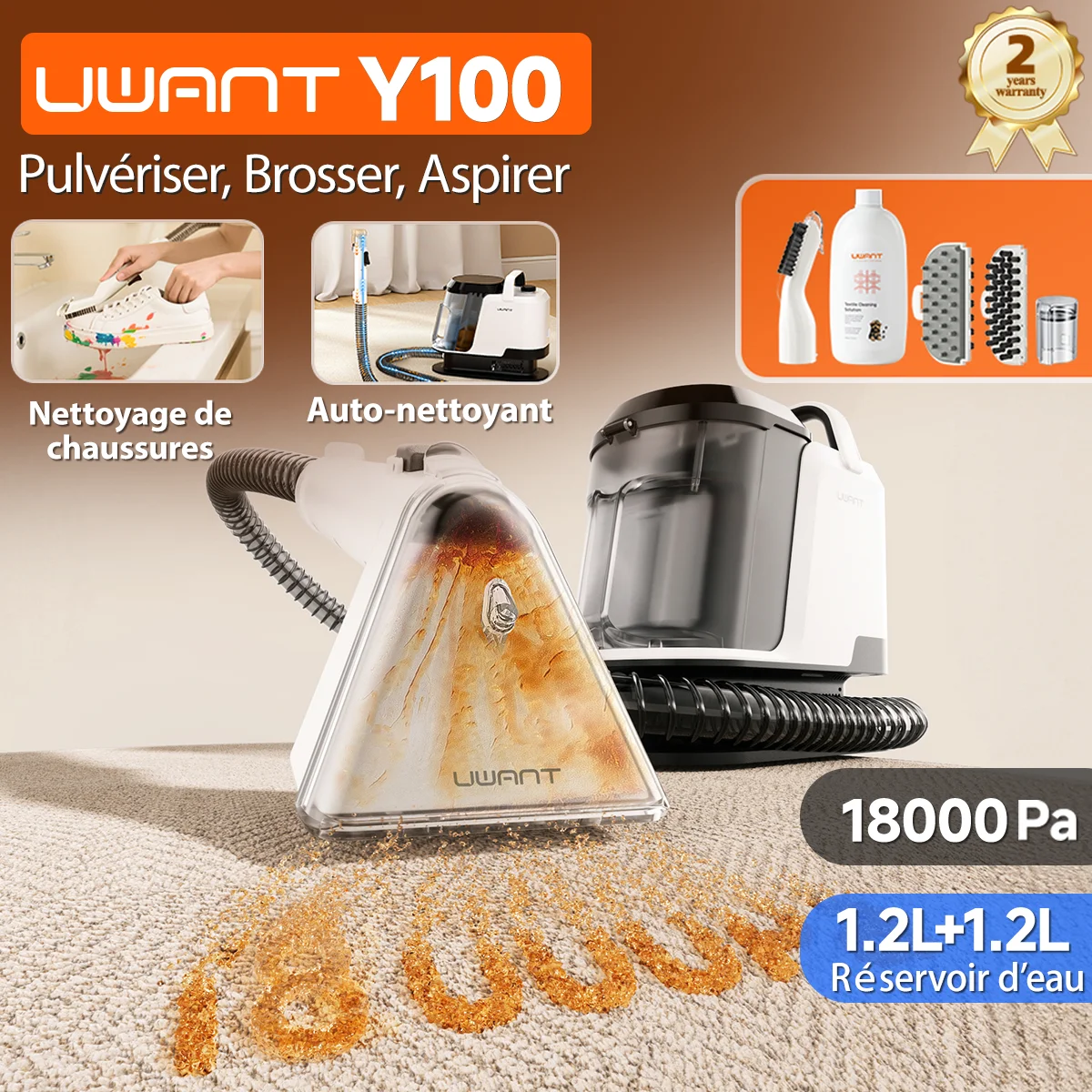 Uwant Y100 18KPa nettoyeur de tapis brosse de pulvérisation aspiration Portable Machine de nettoyage pour canapé voiture chaussure poils d'animaux élimination des odeurs autonettoyant