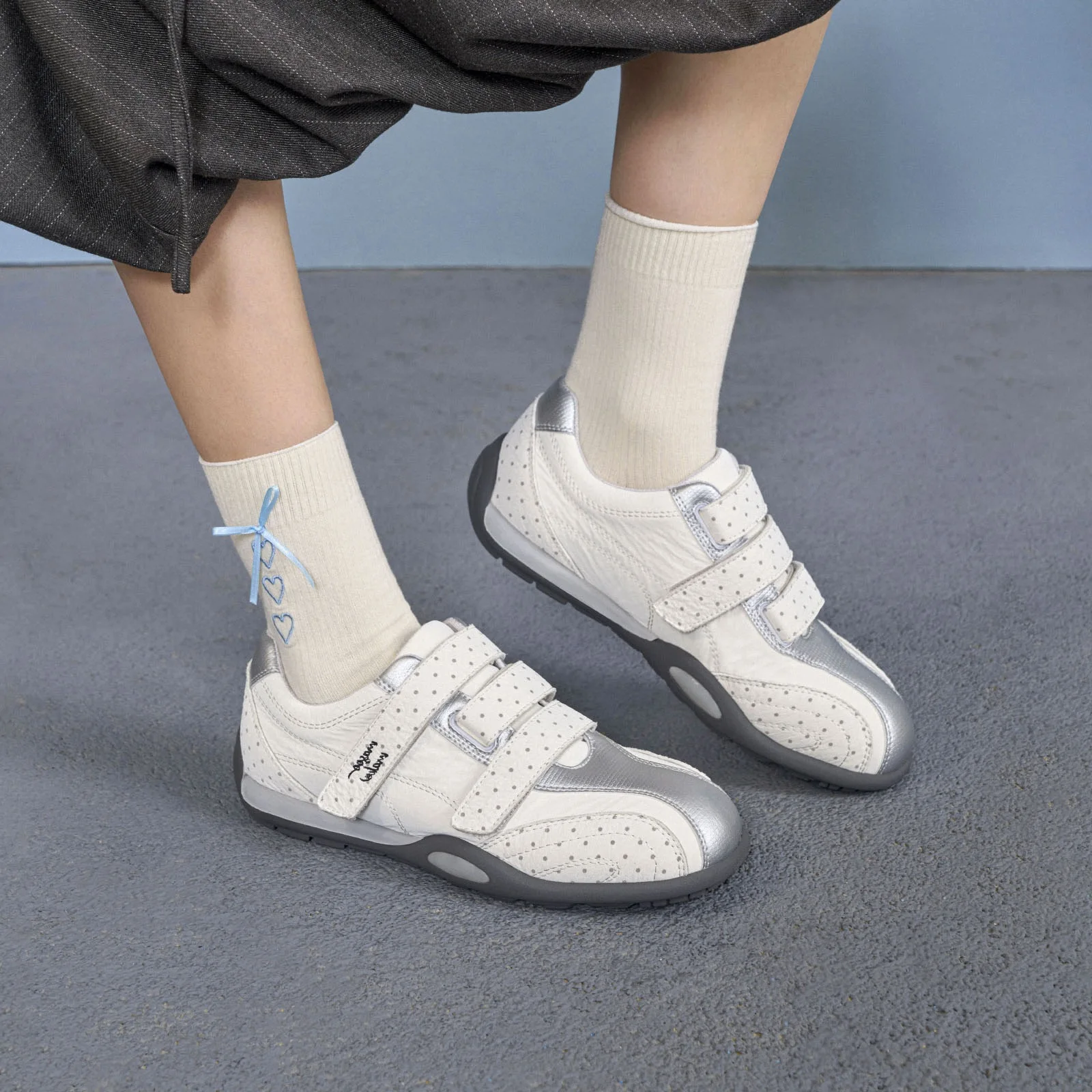 Women Silver Patchwork Perforated Platform Sneakers HookandLoop Breathable Hidden Height Increasing Casual Walking Shoes