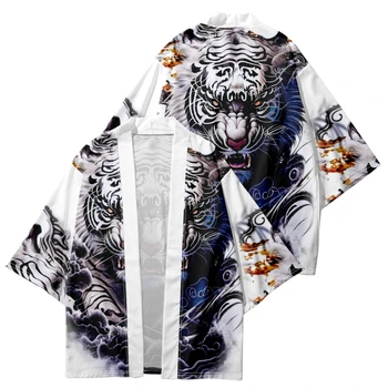 Anime White Tiger Print Kimono...