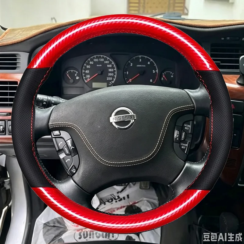 for Nissan Patrol Y61 Customized Hole-punch Wear-resistant Car Steering Wheel Cover  Black Genuine Leather Car Accessories