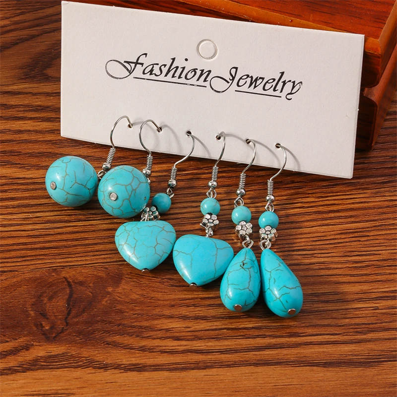 

3Pairs/Set Bohemian Turquoise Heart Water Drop Earrings for Women Girls Party Holiday Jewelry Gifts