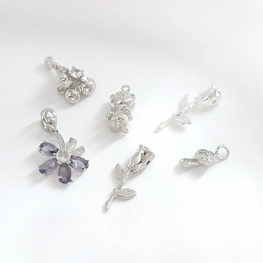 Brass Plated with White Gold Zircon Inlay Flower Ruyi Pendant DIY Jewelry Making Necklace, Bracelet Clothing Accessory Materials
