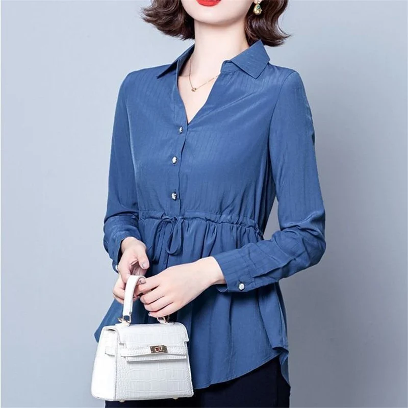 Elegant Chic V Neck Long Sleeve Solid Slim Office Lady Shirts Korean Fashion Lace Up Commute Top Blouse Women Blusas Clothes2023