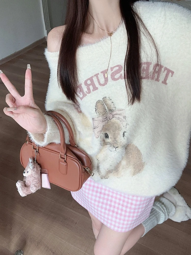 Winter Kawaii Knitted 2 Piece Set Women Casual Sweet Print Sweater + Plaid Skirt Suit Female Korean Fashion Vintage Cute Set New