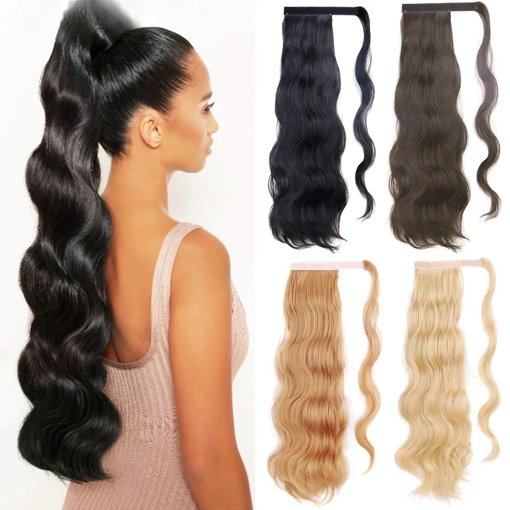 

Синтетический объемный волнистый голливудский длинный хвост с запахом на заколке в хвосте, термостойкий блондин, смешанный цвет для женщин