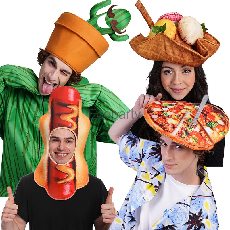 

2024 Food Theme Party Funny Hot Dog Pizza Hat Unisex Halloween Carnival Purim Festival Costume Props Headdress Accessories