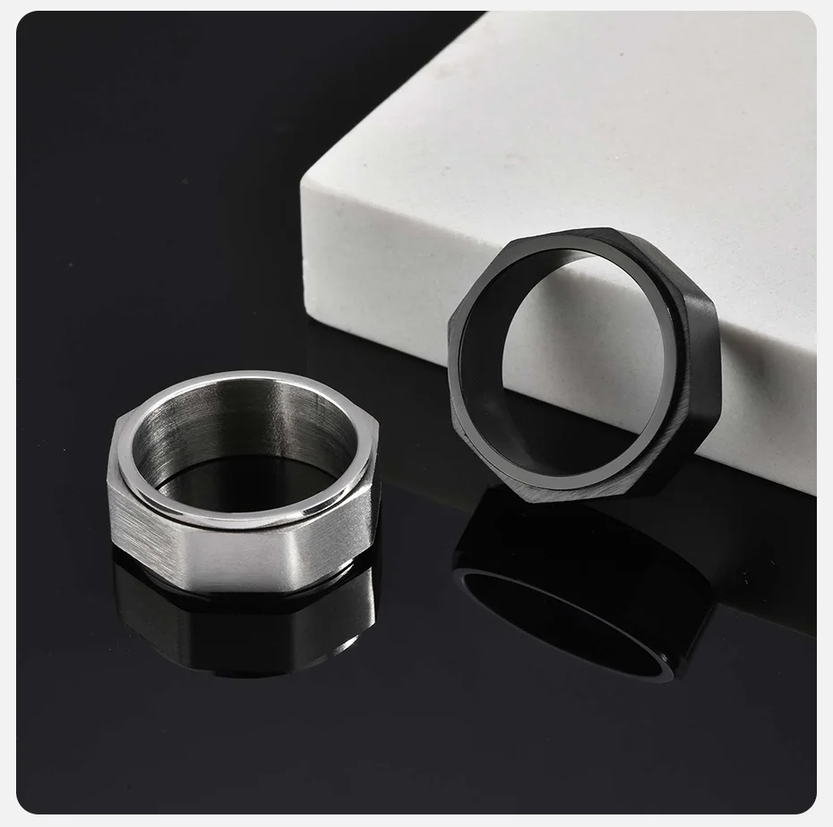 Vnox Geometrischer Spinnerring, Größe 7–11, 7,8 mm, Bandbreite, schwarz, silberfarben, Edelstahl, Schmuck, Geschenke für Männer, Freund, ihn – Detail 6