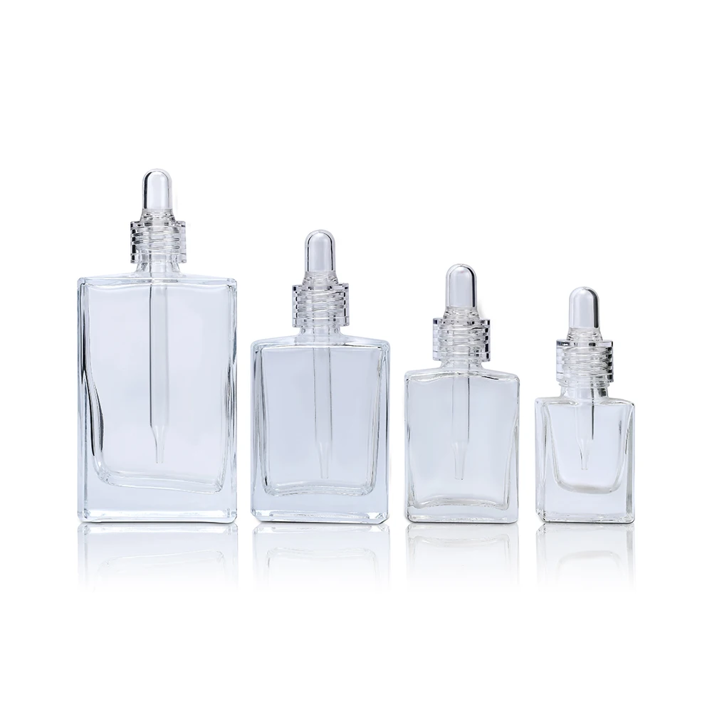 

luxury empty perfume essential oil 30ml 50ml 100ml square rectangle glass dropper bottle with clear rubber lid 15ml