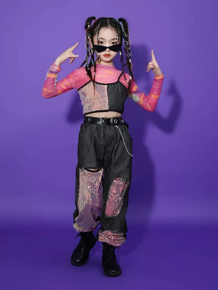 2025 Ropa de baile de Jazz para niñas, Tops de lentejuelas rosas, pantalones, disfraz de actuación de Hip Hop para niños, ropa de escenario para Festival de conciertos