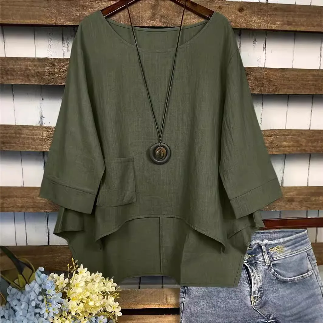 

Summer Faion plus Size round Ne ket Color Asymmetrical T-irt Women's Regular Thin Polyester Fabric