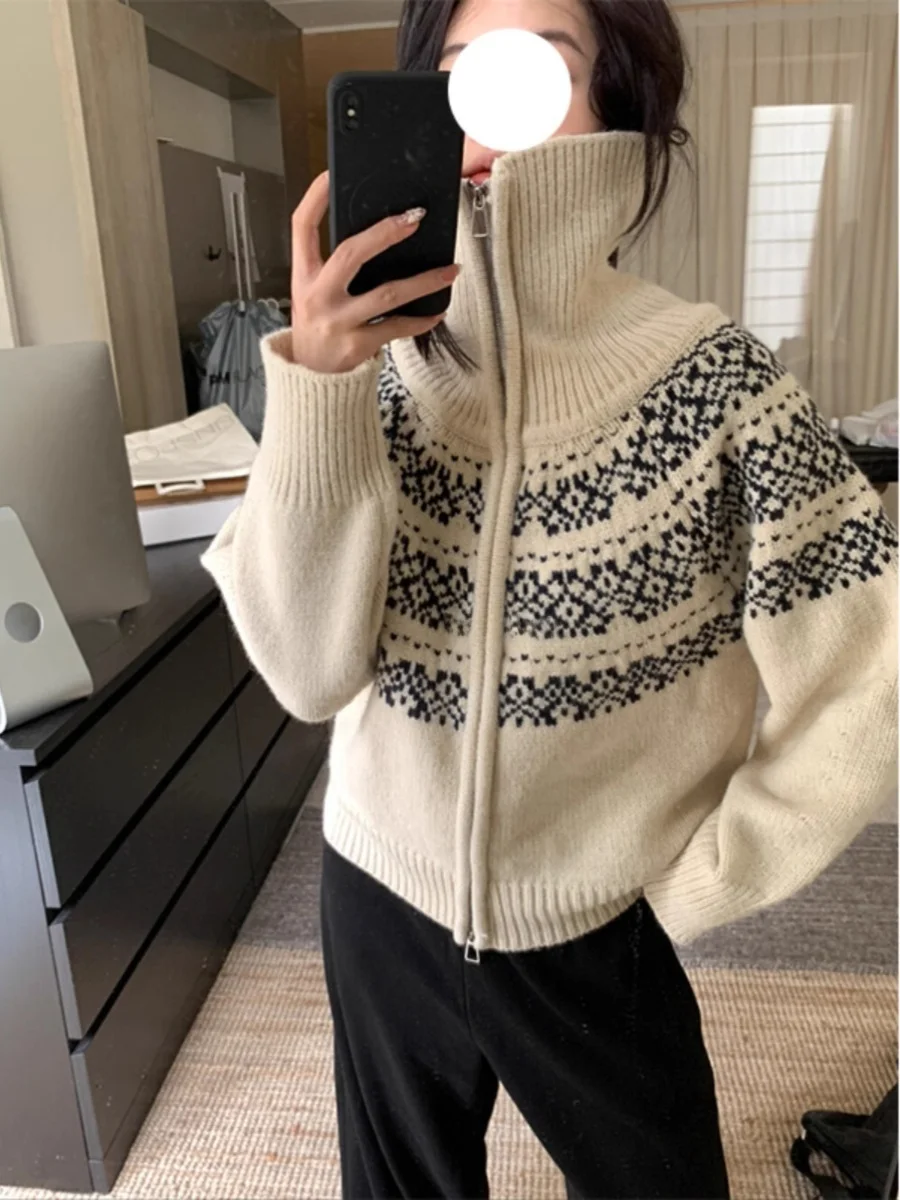 

Nordic Sle Women's Open Cardigan Sweater with Zipper And Collar Knitted Thiened Retro Sle Long Sve Top
