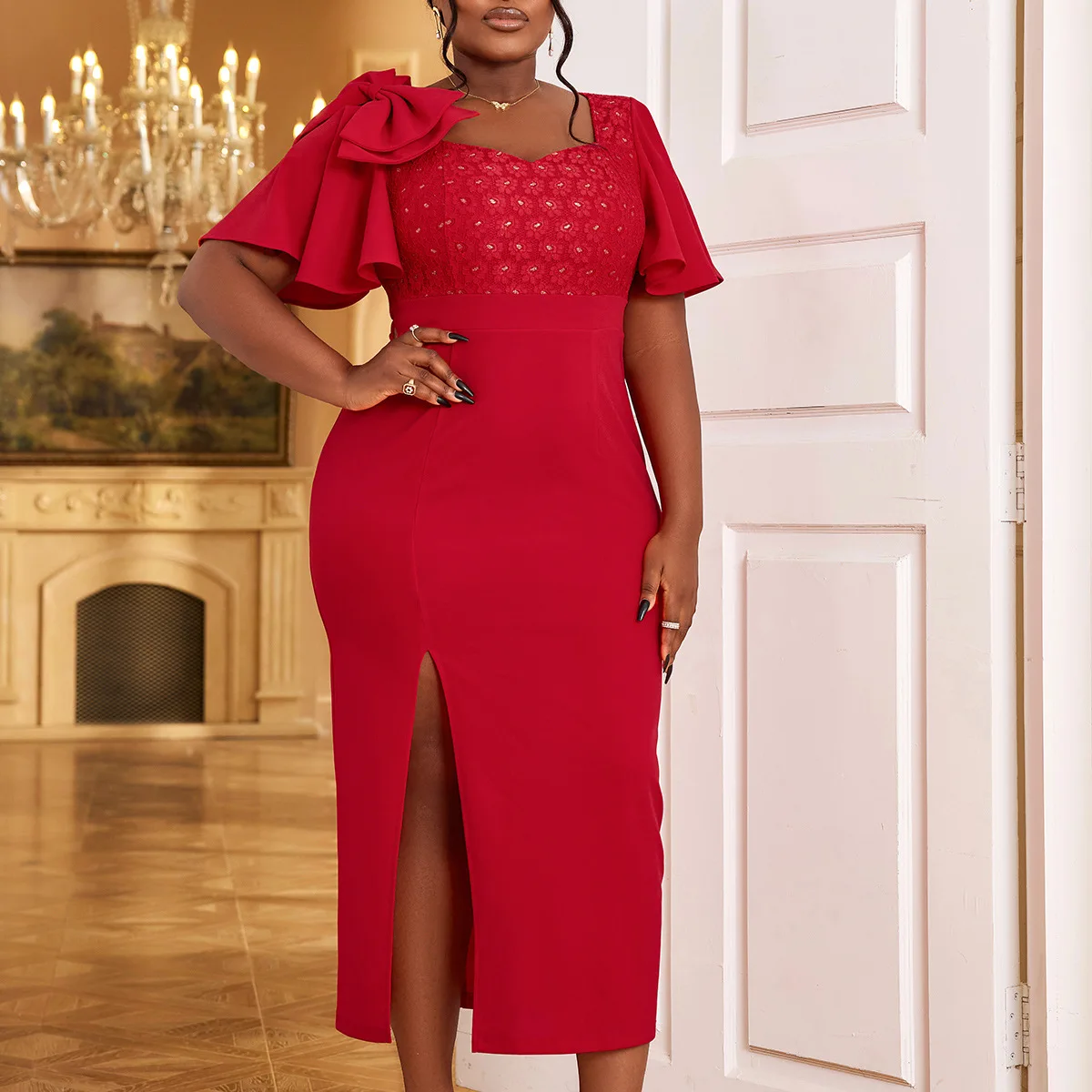 Red Bodycon Dresses for Women Square Collar with Bow Lace Patchwork Ruffles Sleeves Empire Elegant Fairy Christmas Party Gowns