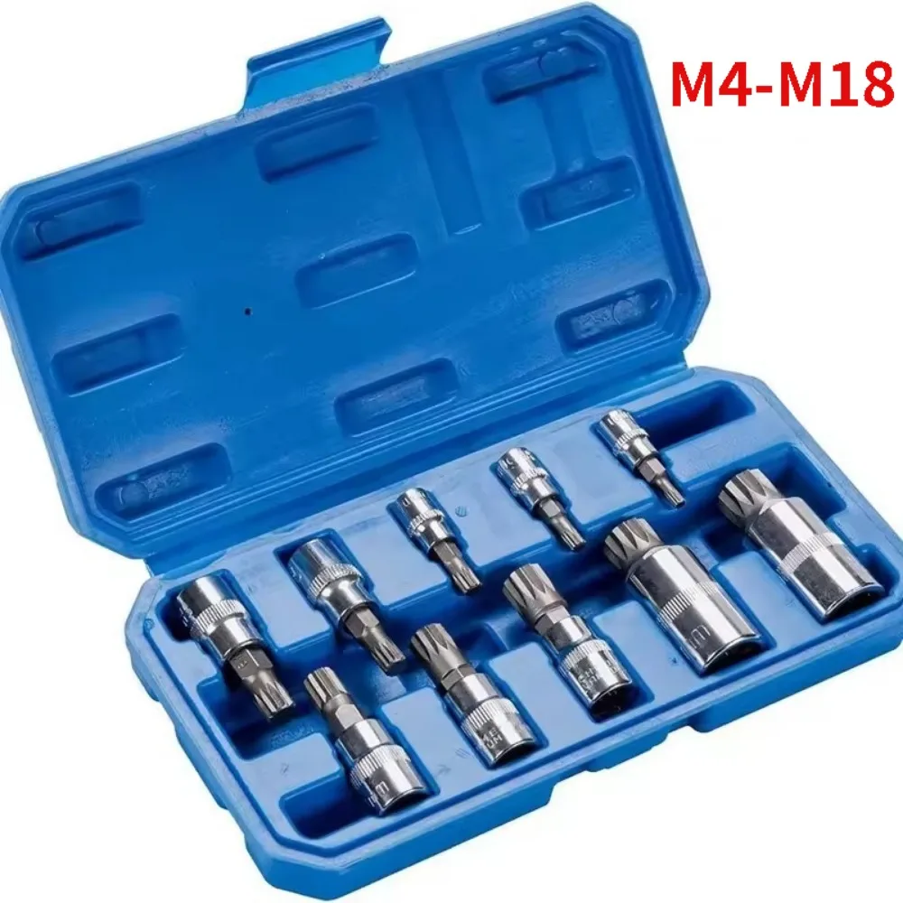 M4-M18 10PCS Professional Point Triple Square Spline Bit Socket Set Tamper Press Batch Sleeve Set Auto Repair Tools Screwdriver
