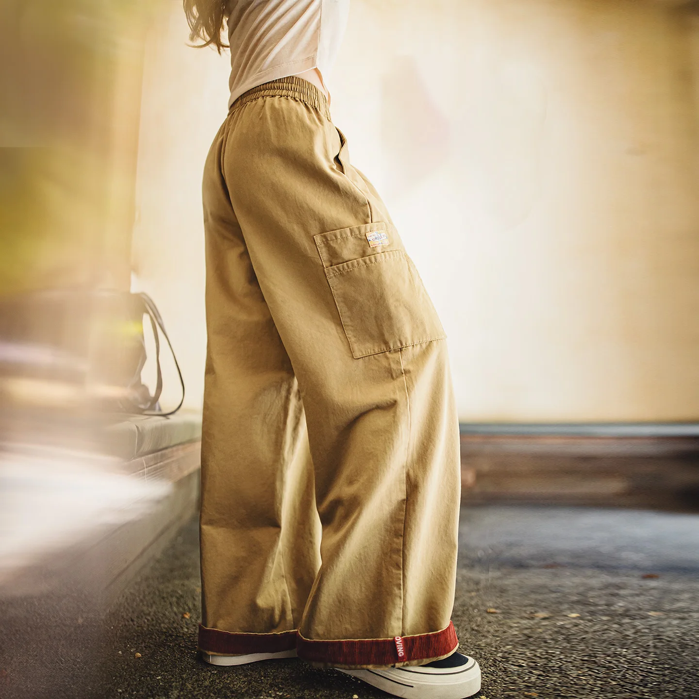 Maden Women's Cotton Cargo Pants Khaki Wide Leg Utility Trousers Loose Fit Straight Leg Multi Pocket Casual Daily Streetwear