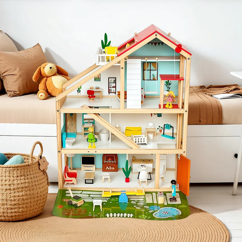 Crianças brinquedo castelo de madeira diy grande casa de boneca em miniatura móveis casa de bonecas acessórios montessori meninas brinquedos jogos de tabuleiro