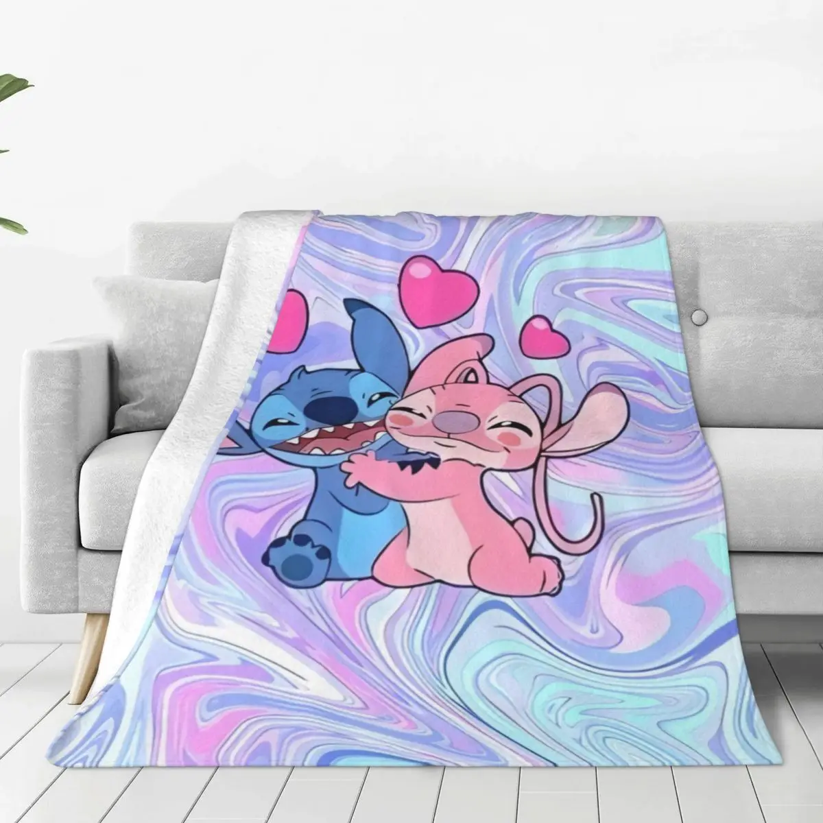 Kawaii Stitch And Angel Blanket Cute Cartoon Picnic Flannel Throw Blanket For Couch Chair Super Warm Bedspread Birthday Gift