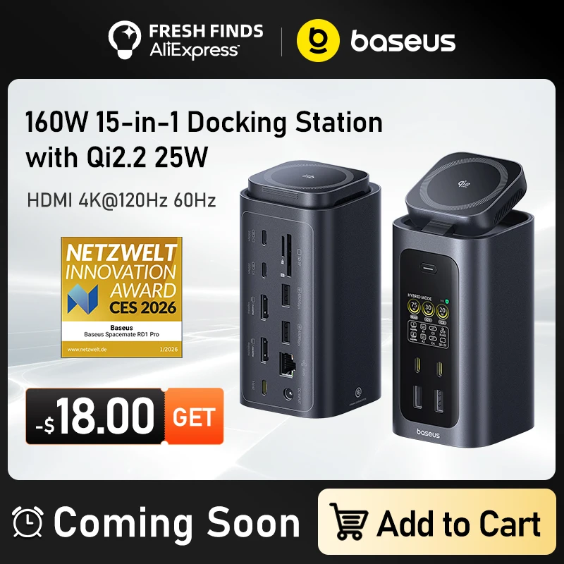 

Многофункциональный USB-C хаб Baseus 160W 15-в-1 с 2 портами HDMI 4K@120Hz/60Hz, беспроводной зарядкой Qi2.2 25W и адаптером GaN 180W (EU/US), док-станция