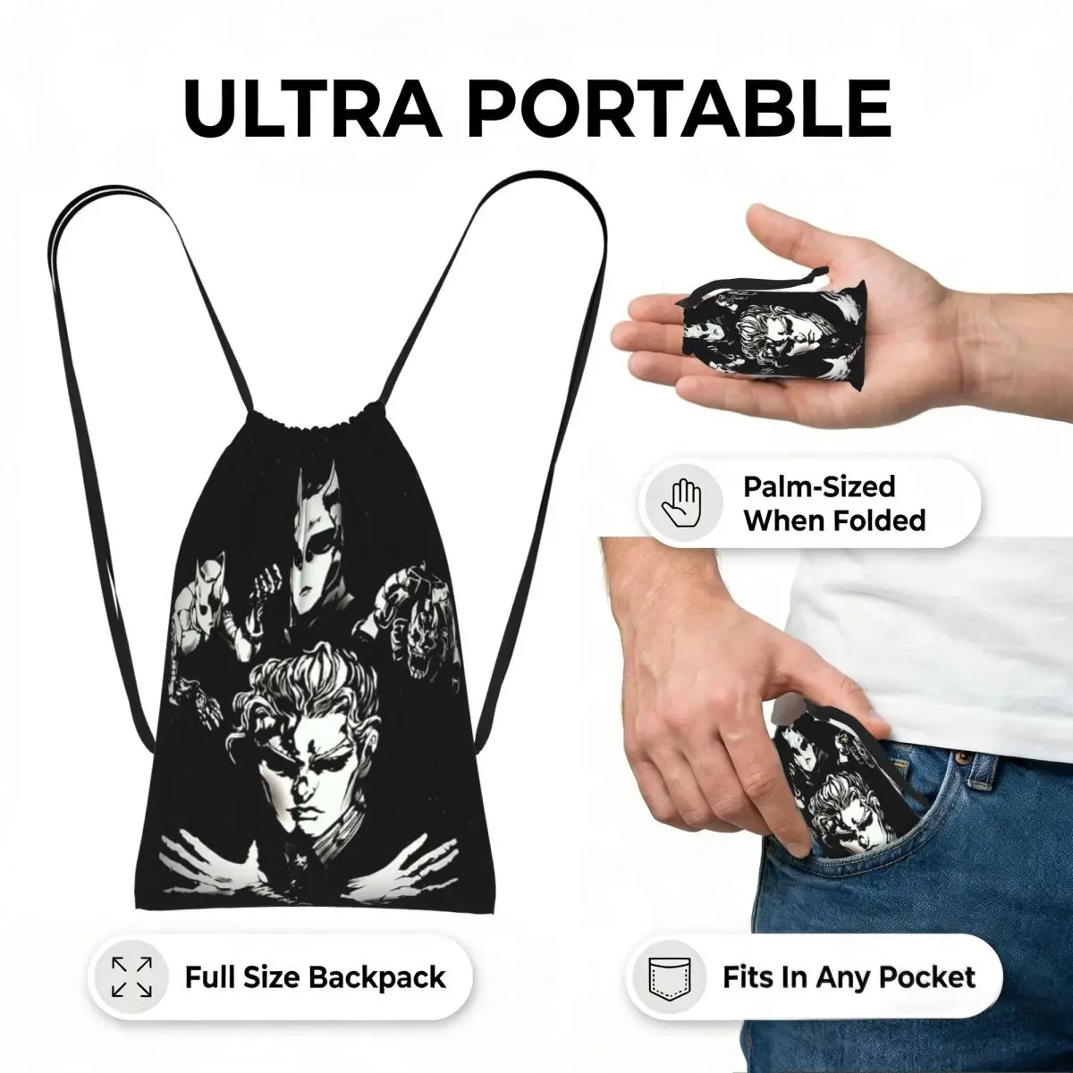 Yoshikage Kira Jojo Bizarre Adventure Drawstring Backpack hiking cycling Bag Lightweight Storage Drawstring Bag for Men Women