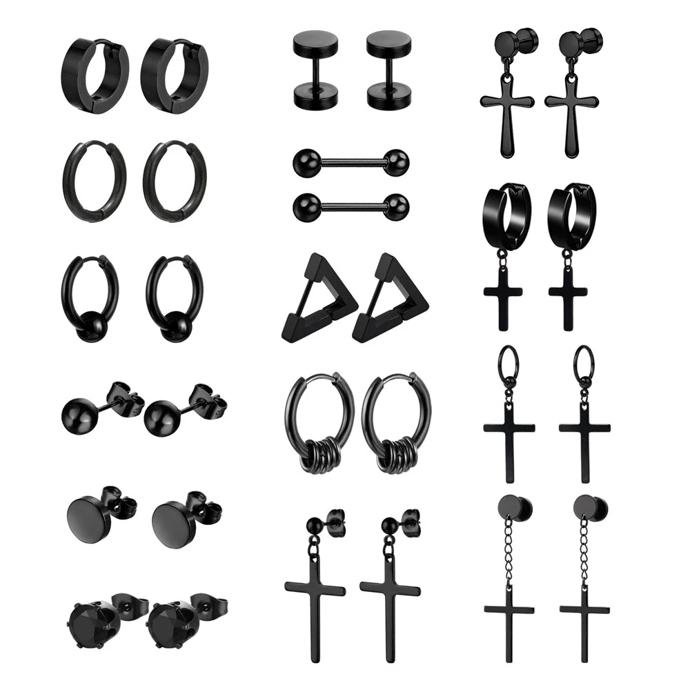 15 Pairs Stainless Steel Unisex Punk CZ Ball Stud Earrings Huggie Hoop Earrings Hinged Cross Dangle Earrings for Women Men