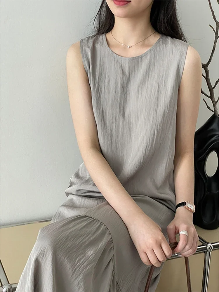 

Fishtail Spliced Vest Dress for Women Fashion Vintage O-neck Sleeveless Loose Versatile Tank Tops Vestido Summer 2024 New