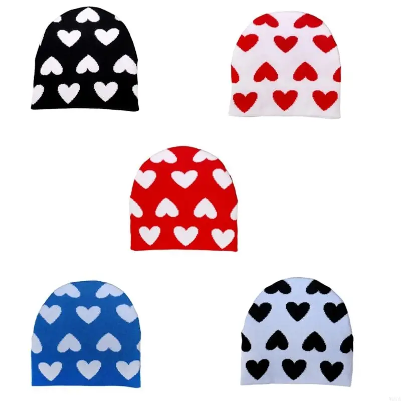 

W0YA Windproof Elastic Beanies Knitted Hat with Heart Pattern for Adult Keep Ear Warm Hat Cold Weather Skiing Cycling Supply