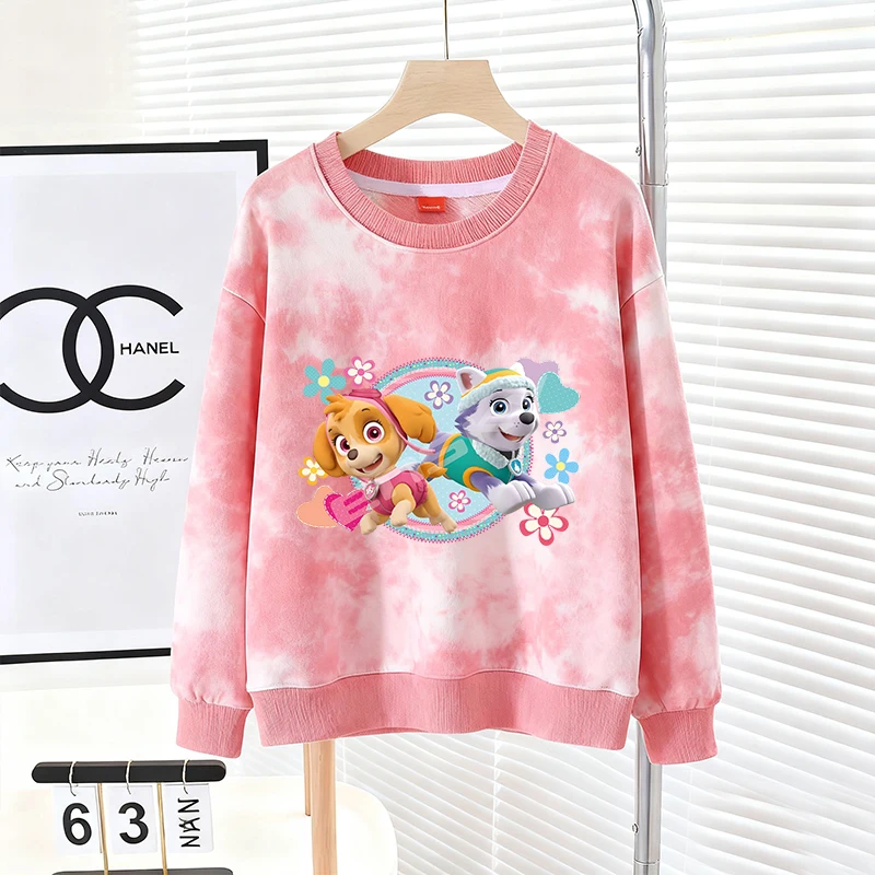 Bluza Paw Patrol z efektem tie-dye dla dziewczynki i chłopca, długa koszulka, sweter, urocza odzież na jesień i zimę, codzienna bluza z okrągłym dekoltem, odzież sportowa.