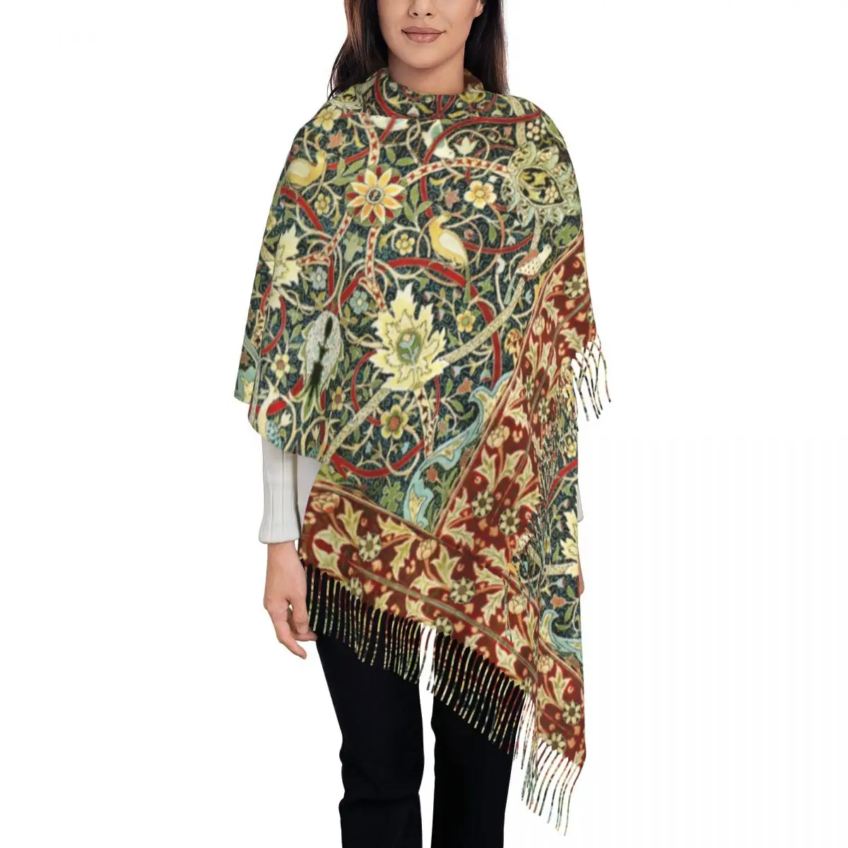 William Morris Bullerswood Antique Rug Print Tassel Scarf Women Soft Shawls Wraps Female Winter Scarves