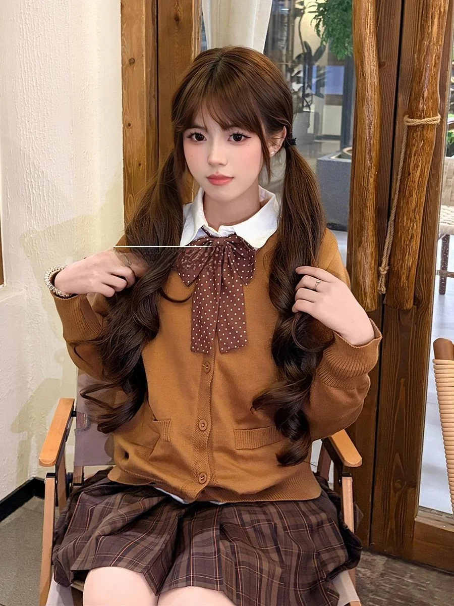 

Brown Knitted Cardigan Sweater Jaet Autumn Winter Sle Overlap irt Caramel Plaid Skirt Whole Set Faion Ensemble