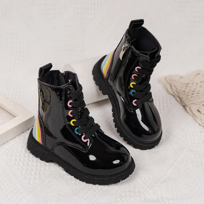 Kids Rainbow Color Boots for Boys Girls 2024 Autumn Winter New Fashion Rubber Boots Zipper Children Ankle Boots Black Glossy Hot