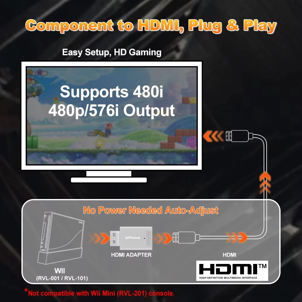 Bitfunx Mini Video Audio Adapter YPBPR to HDMI™ Converter for PAL NTSC Wii Game Console Plug and Play