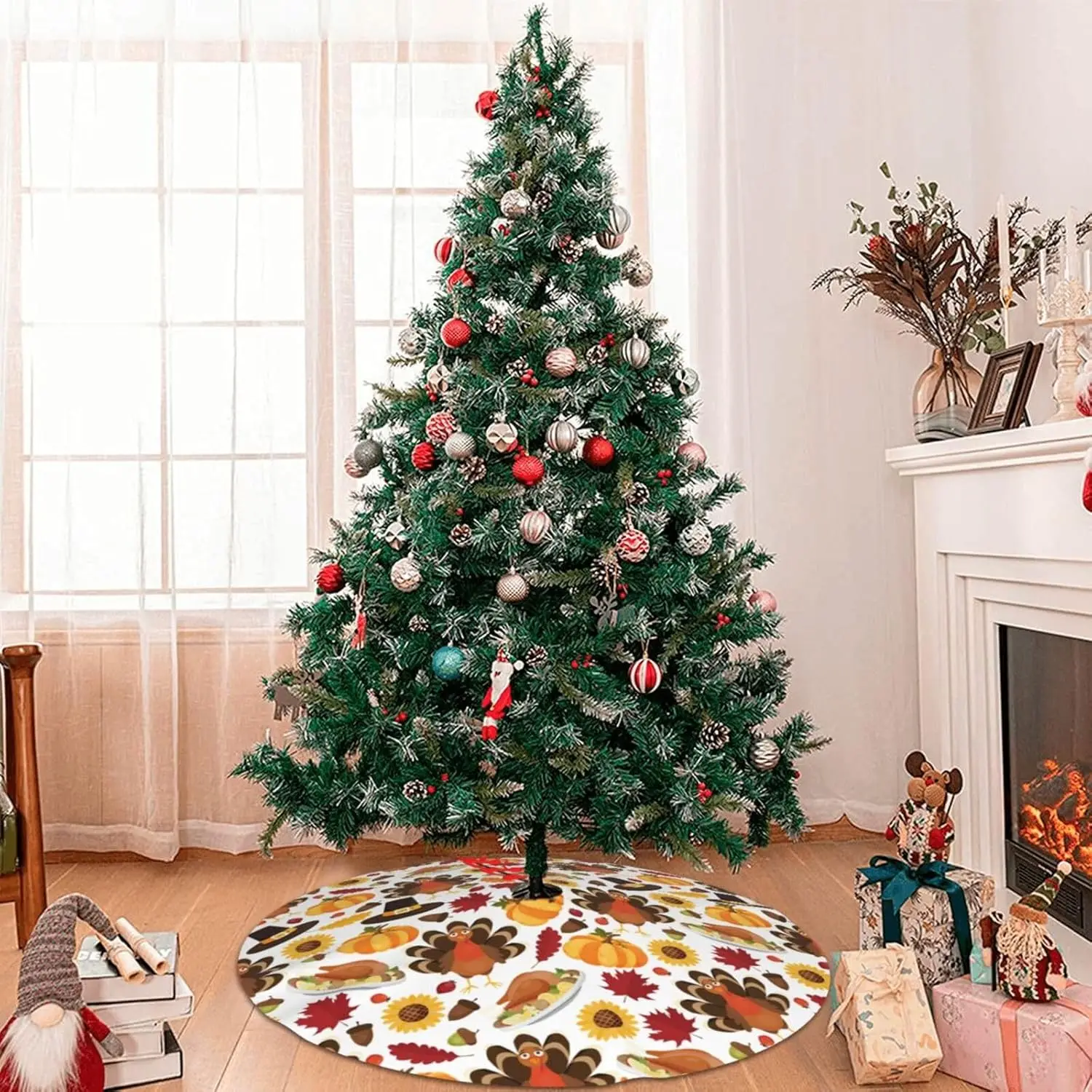 Happy Thanksgiving Day Turkey Pumpkin Christmas Tree Skirt Funny Tree Mat for Farmhouse Xmas Holiday Party Decorations Indoor Ou