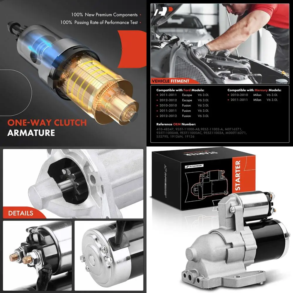 

Стартер, совместимый с Ford Escape 2011-2012, Fusion 2010-2012 и Mercury Milan 2010-2011, V6 3.0L, 12 В, 1,4 кВт, 22 зубца Cou