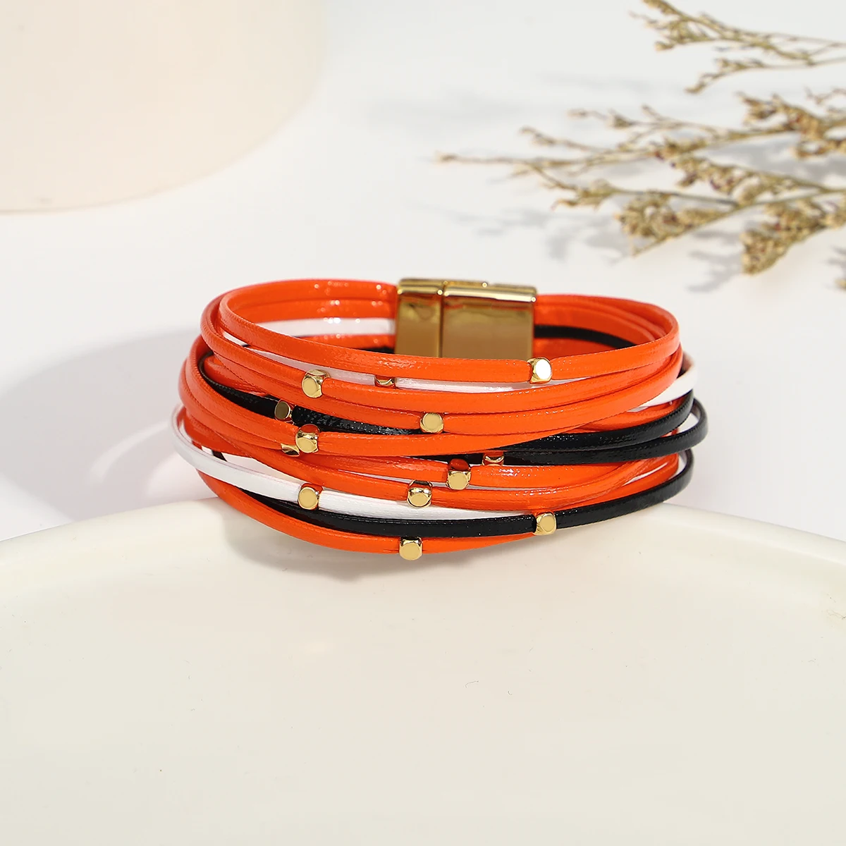 Amorcome Vintage Metal Beads Black Orange Leather Bracelet for Women Charm Slim Strips Bangles & Bracelets Female Party Jewelry