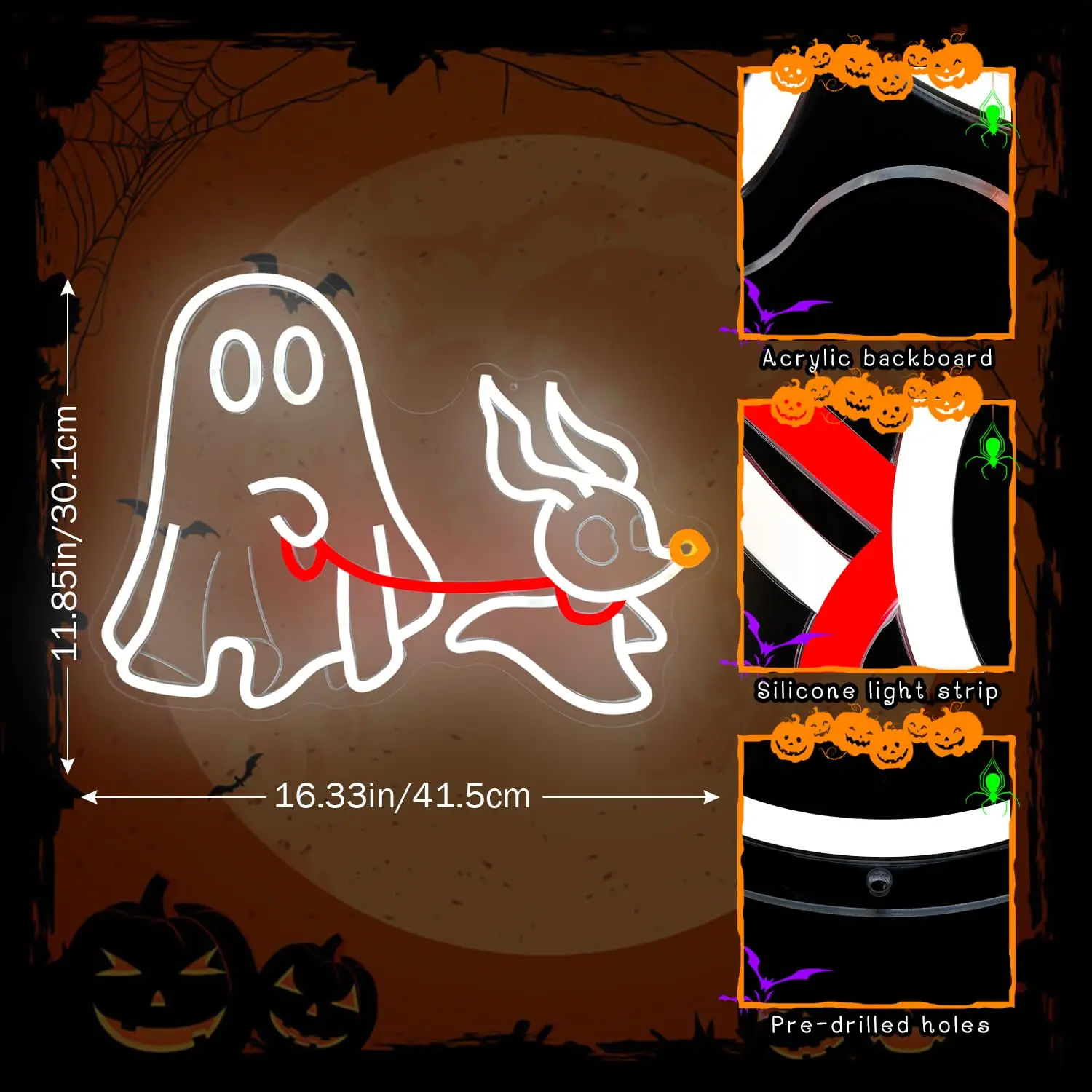 Letrero de neón de perro fantasma, luz de pared LED de Halloween con USB regulable, decoración espeluznante para mascotas para dormitorio, decoración de fiesta de Halloween de cueva de hombre