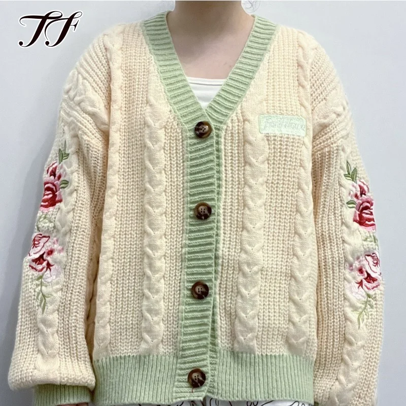 

Women Flower Embroidered Cardigan Autumn Warm Beige Knitted Sweaters Female Loose Fit Lantern Sleeve Holiday Cardigans Y2k Tops