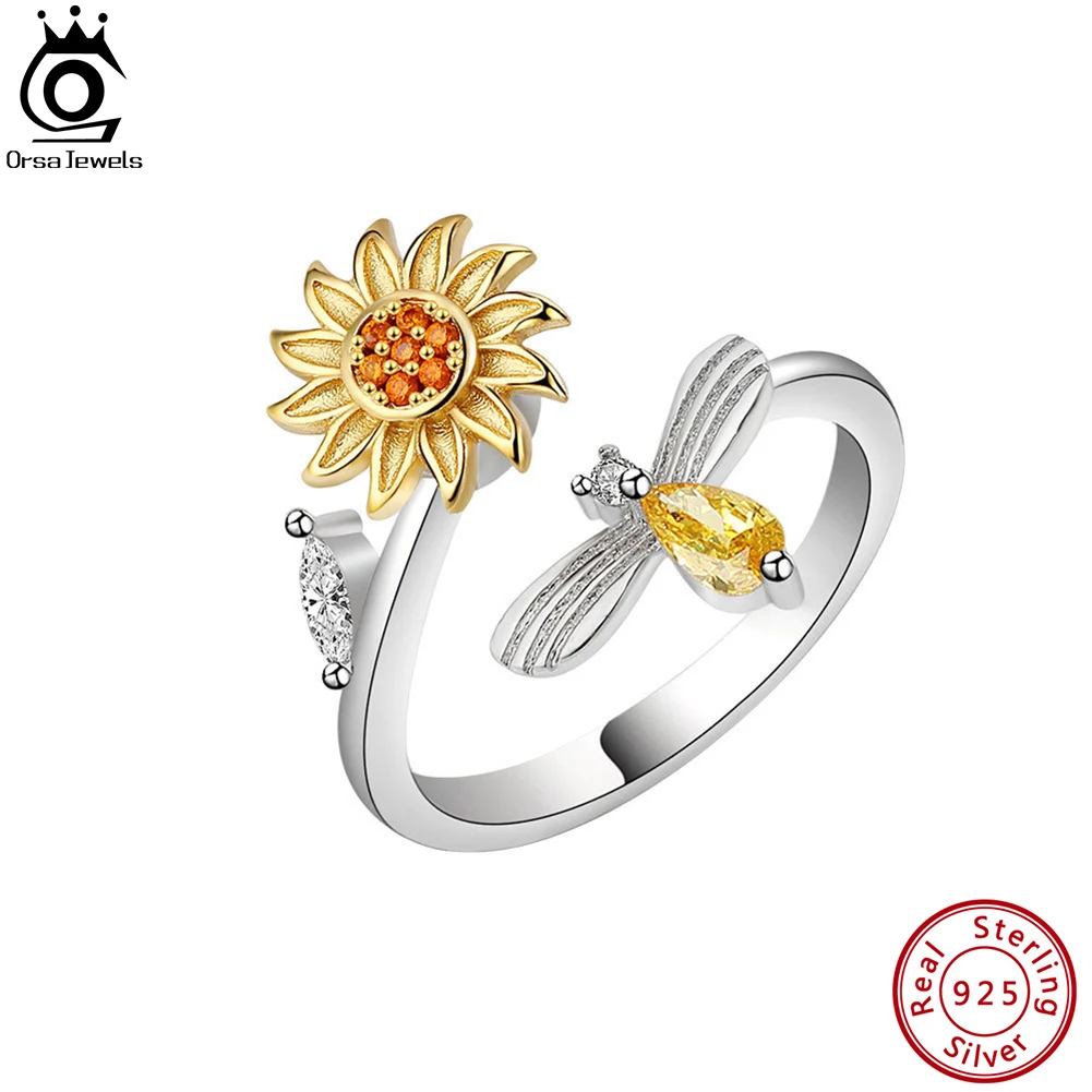 

ORSA JEWELS 925 Sterling Silver Sunflower Rotating Rings for Women Fashion Sunshine Flower Bee Anxiety Rings Party Jewelry SR288