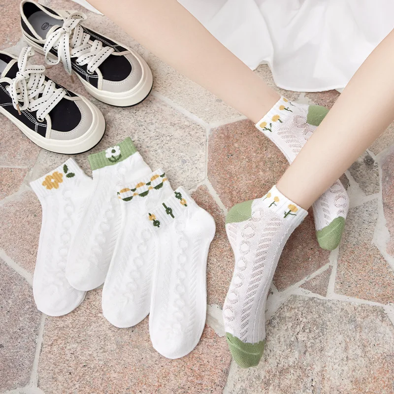 5 paires Respirant Élégant Mignon Jacquard Blanc Floral Dame Filles Courtes Net Chaussettes Belle Mode Filles Robe Cheville Sox