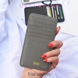 Luxury Custom Name Initials Cowhide Card Wallet Travel Thin Genuine Leather Business Men Credit Card Holder Women Long Wallet