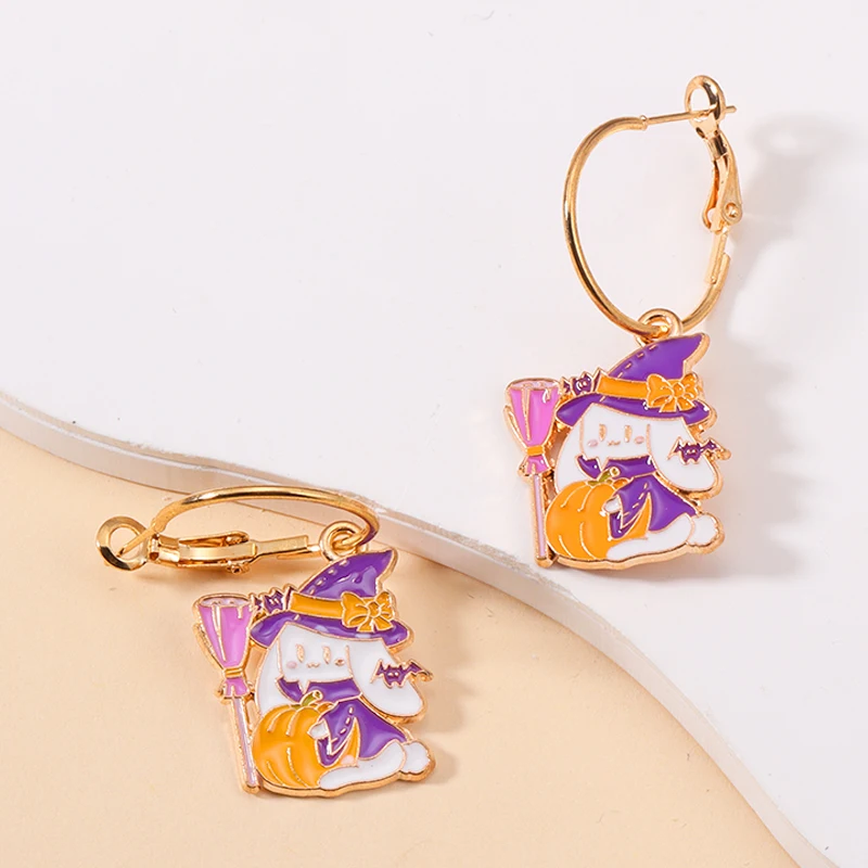 2026 العصرية Cuite المينا هالوين إسقاط أقراط للنساء الفتيات Kawaii الكرتون الأرنب شبح اليقطين استرخى هوب القرط مجوهرات #4