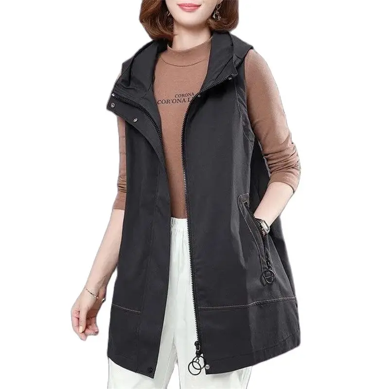 

2023 Women Vest Spring Autumn New Style Hooded Fashion Waistcoats Loose Vest Ladies Mid-length Sleeveless Jacket Coat 5XL H366