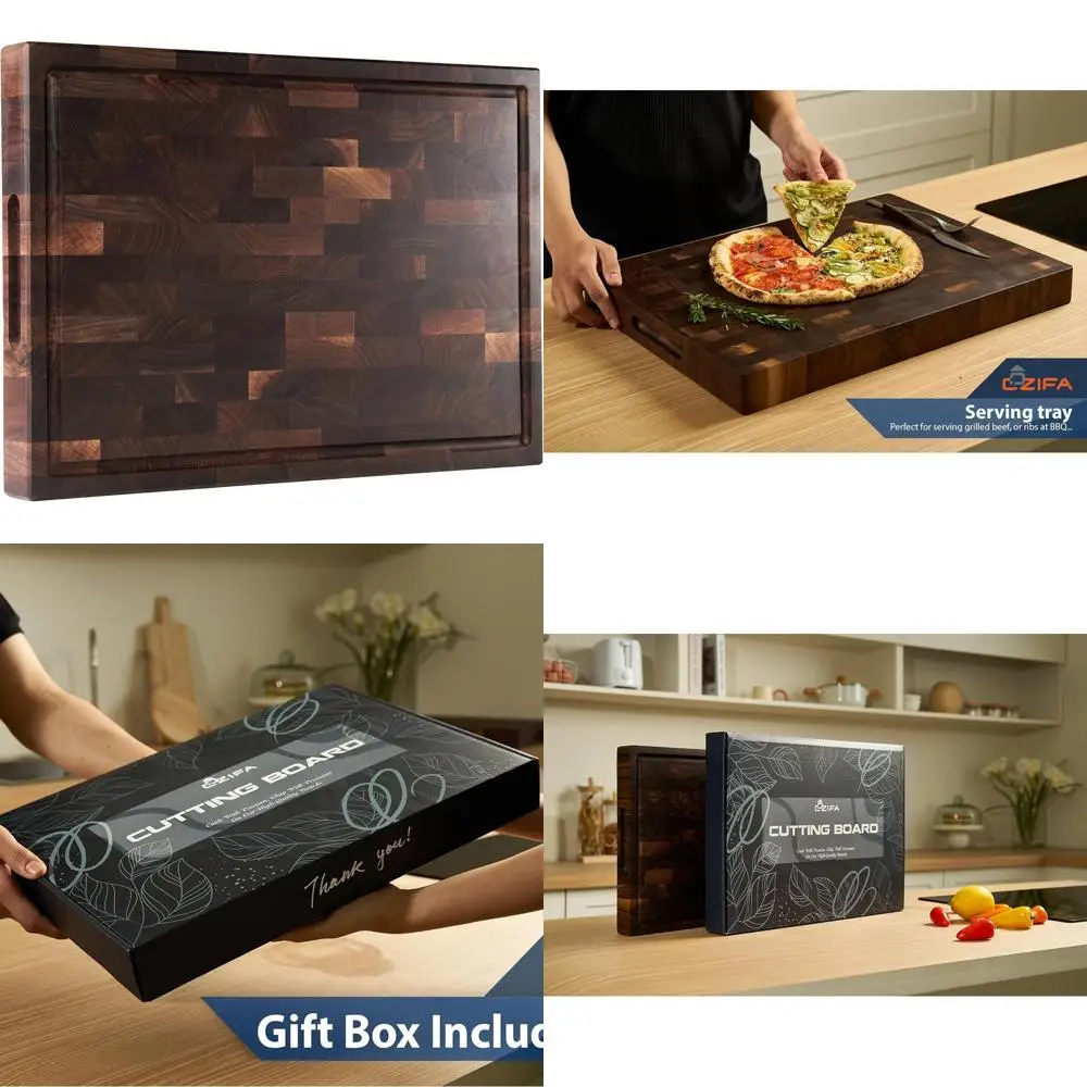 

Kitchen End Grain Butcher Block, 17x12x1.6, Dark Walnut, Juice Groove, Handles, Gift Box