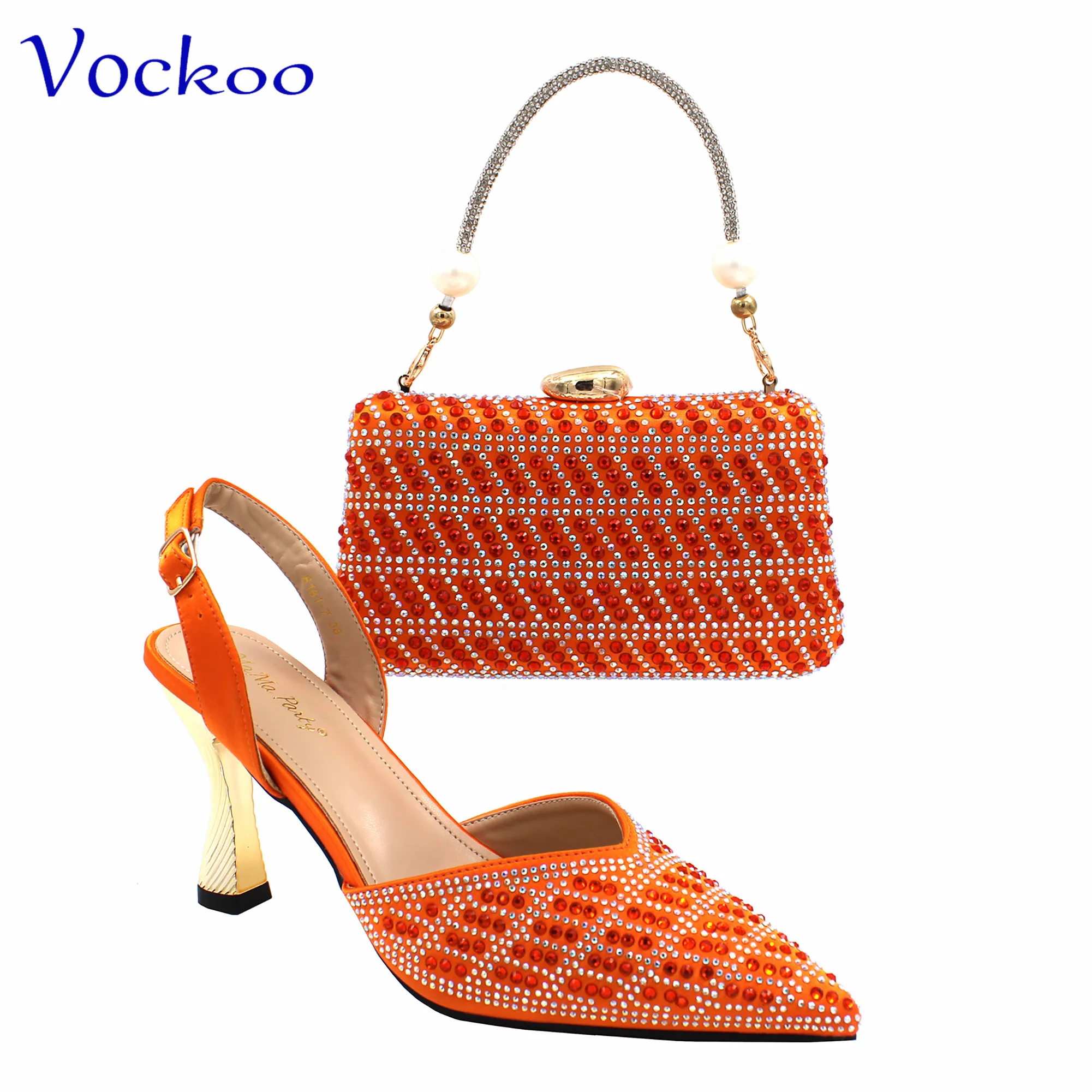 Orange Color with Shinning Crystal Super High Heels Sexy Style African Women Shoes and Bag Set for Wedding Party