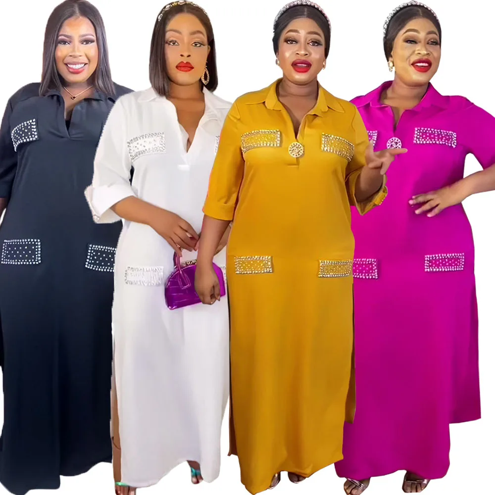 

Plus Size African Shirt Dresses for Women Split Hem Ankara Dashiki 2024 Femme Autumn Party Dress Kaftan Abaya Robe Africa Outfit