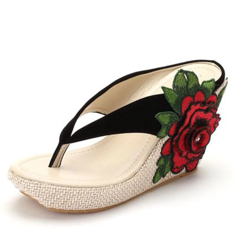 New 9 cm comfortable wedge slippers embroidered flowers sandals large sandals waterproof platform sandals