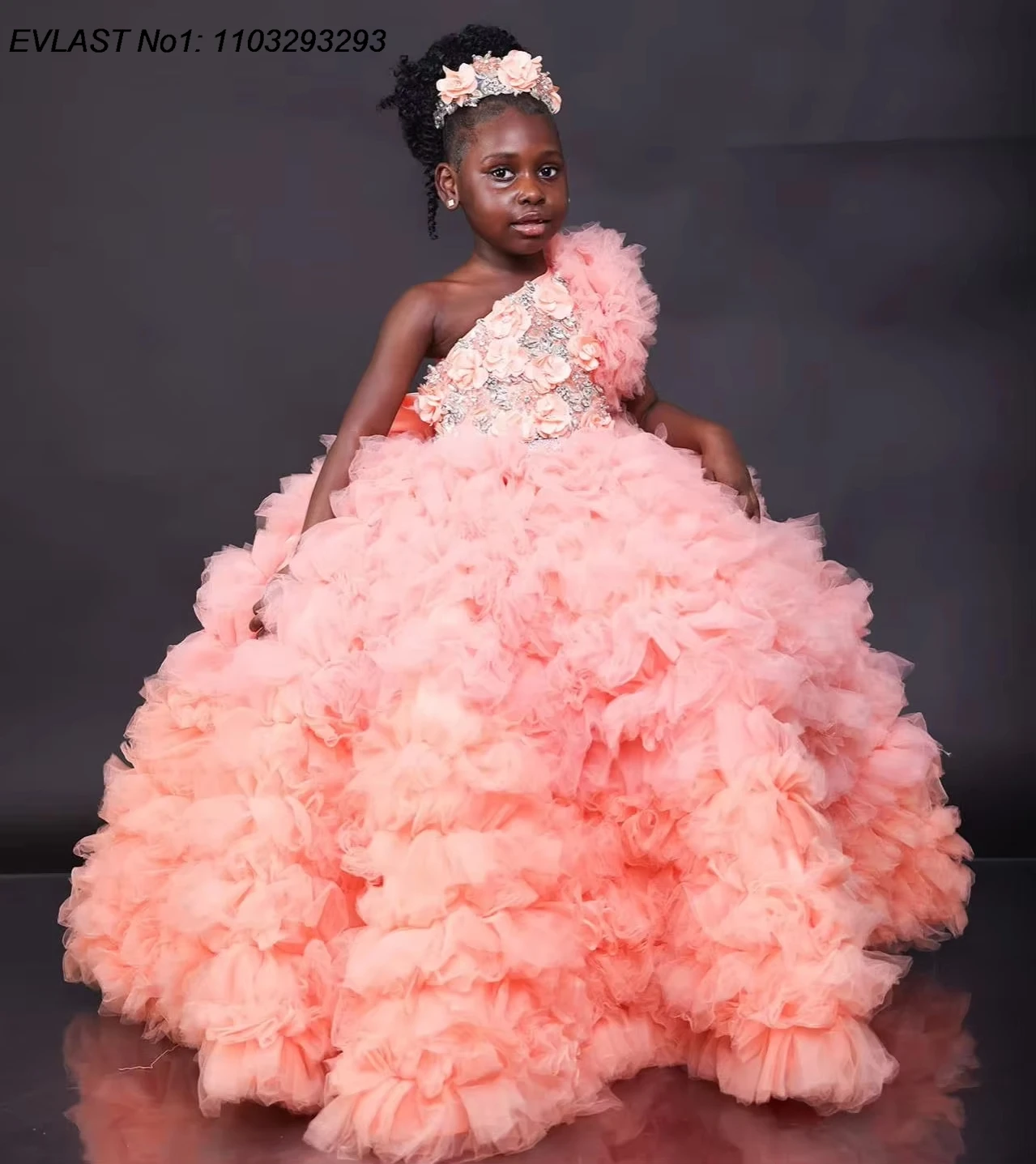 EVLAS Customized Pink Girls Birthday Party Dress Floral Applique Flower Girl Dress One Shoulder Princess for Photoshoot TFD186