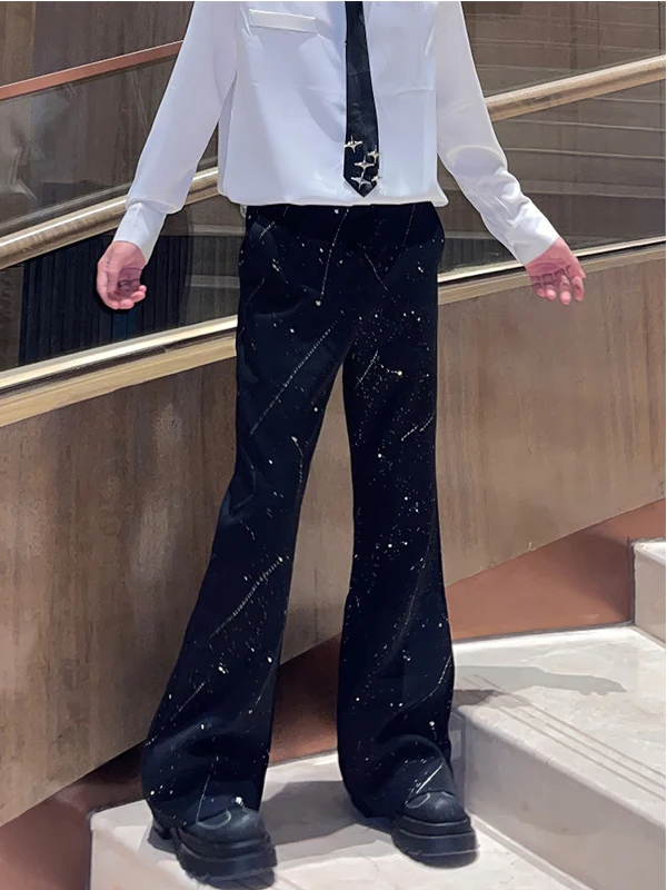 

Bla Flared Men's Casual Pants Sequin Design Star Spattered Ink High-End Versatile Loose Fit Long Trousers Polyester Fiber