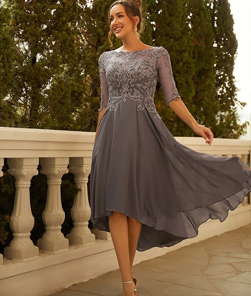 

Customized Classic Chiffon A-Line Appliques Evening Dress High Quality O-neck Half Sleeves Tea Length فساتين سهرة