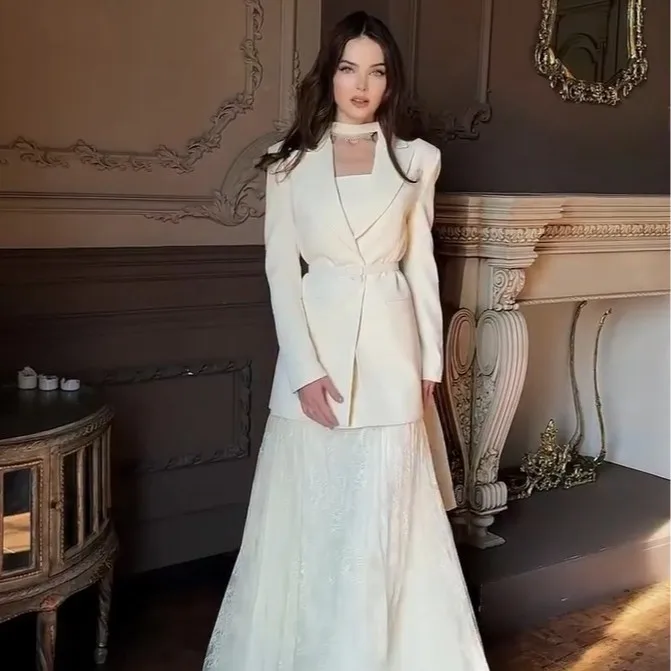 Dress Suits Women Two Piece Sets Lapel Full Sleeve Blazers Belt Long Dresses A Line Ribbon Y2k Streetwear Elegant Work Summer